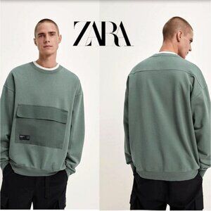 NWT ZARA Crewneck Flap Pocket Sweatshirt M Big Front Pocket French Terry Sweater